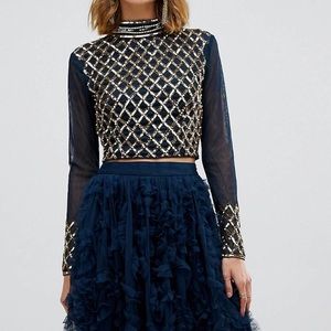 Lace & Beads embellished long sleeve crop top with mandarin collar in navy.